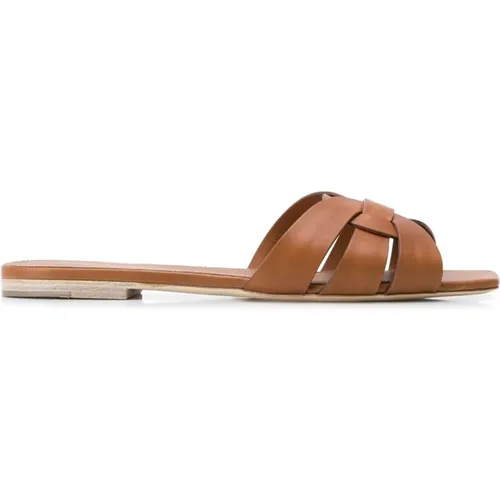 Braune Leder Flache Sandalen mit Geflochtenen Riemen , Damen, Größe: 36 EU - Saint Laurent - Modalova