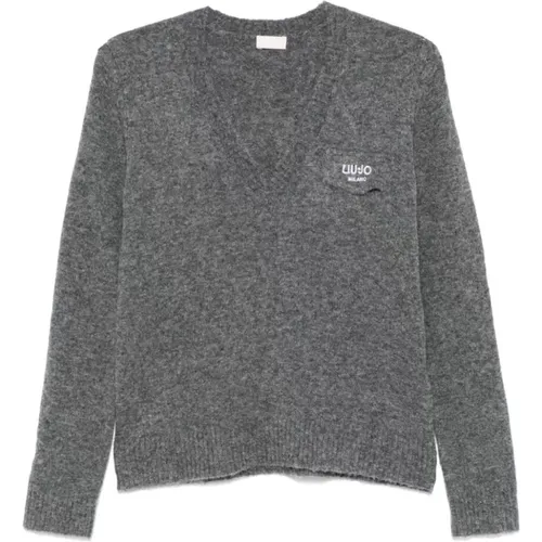 Grey Knitted Sweater with Logo Embroidery , female, Sizes: L, M - Liu Jo - Modalova