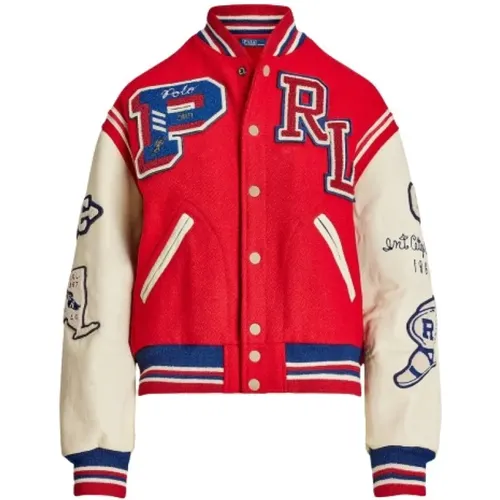 Varsity Teddy Jacket with Leather Sleeves , female, Sizes: XS, L - Polo Ralph Lauren - Modalova