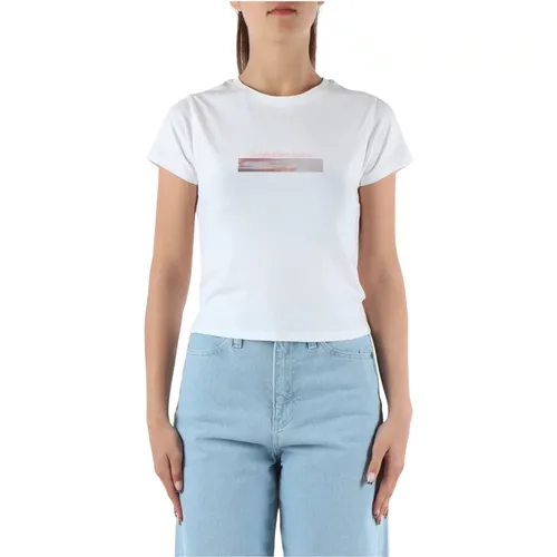 Logo Print Cropped Stretch Cotton T-shirt , Damen, Größe: S - Calvin Klein Jeans - Modalova