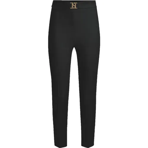 Schwarze Straight Hose mit Goldenem Metall-Logo , Damen, Größe: L - Elisabetta Franchi - Modalova