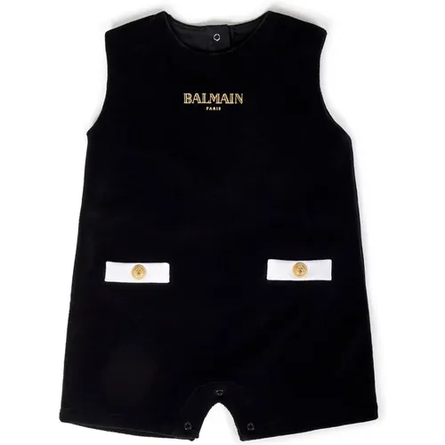 Schwarzer Samt Baby-Strampler Geprägtes Logo - Balmain - Modalova