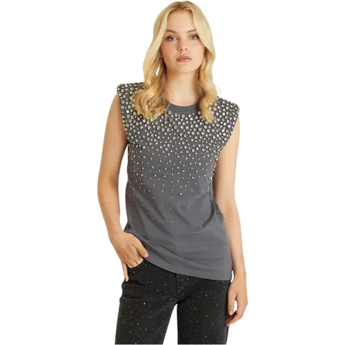 T-shirt with rhinestone neckline , female, Sizes: L, S, M - Alma en Pena - Modalova