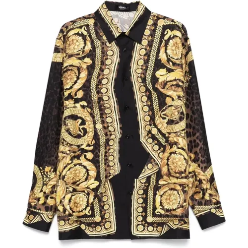 Golden Barocco Print Silk Shirt , male, Sizes: L - Versace - Modalova