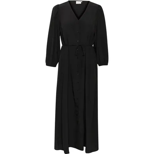 Feminines Kleid mit V-Ausschnitt und Knopfleiste , Damen, Größe: 2XS - Kaffe - Modalova