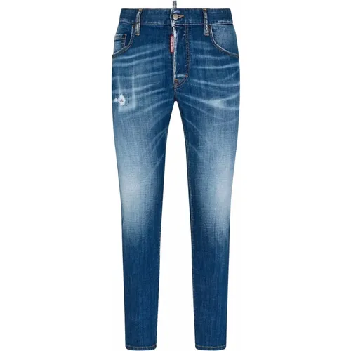 Blaue Stretch-Denim-Jeans mit Ausbleich-Effekt und Logo-Patch , Herren, Größe: 3XL - Dsquared2 - Modalova