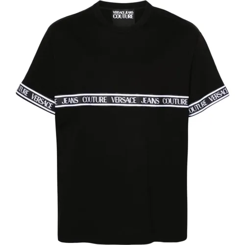 Schwarze T-Shirts und Polos,Schwarzes Geripptes Baumwoll-Rundhals-T-Shirt - Versace Jeans Couture - Modalova