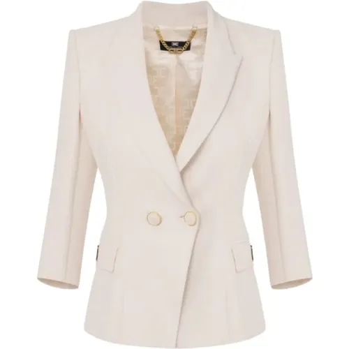 Double-Breasted Crepe Jacket with Golden Logo Plaque , female, Sizes: S, L - Elisabetta Franchi - Modalova