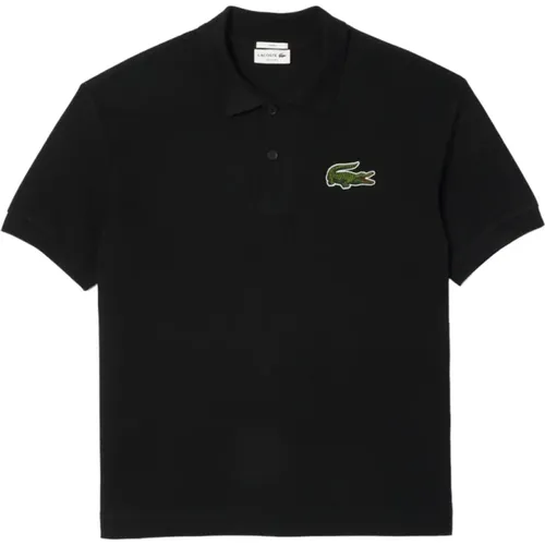 Schwarzes ikonisches Poloshirt mit lockerer Passform,Schwarzes Poloshirt mit grüner Krokodil-Stickerei - Lacoste - Modalova