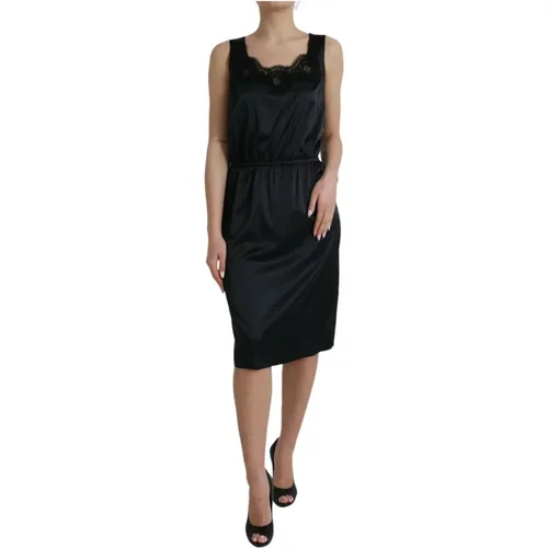 Schwarzes Midi-Kleid mit Spitzenbesatz - Dolce & Gabbana - Modalova