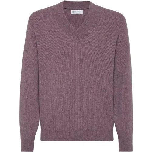 Roter Kaschmir V-Ausschnitt Pullover - BRUNELLO CUCINELLI - Modalova