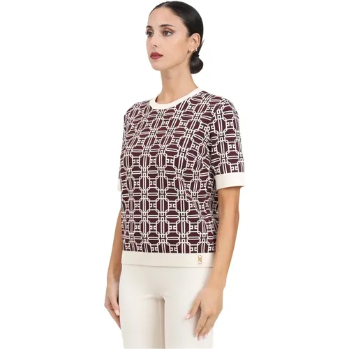 Bordeaux Kurzarm Jacquard Pullover , Damen, Größe: L - Elisabetta Franchi - Modalova