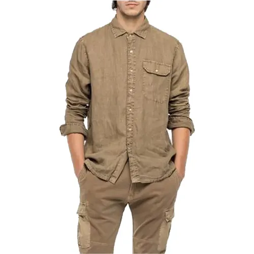 Mens Garment-Dyed Linen Shirt , male, Sizes: S, M, XL - Replay - Modalova