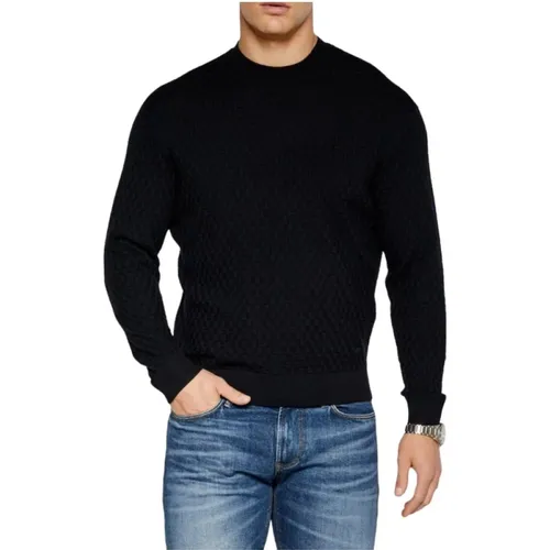 Blaue Strickpullover mit geripptem Rundhalsausschnitt , Herren, Größe: L - Emporio Armani - Modalova