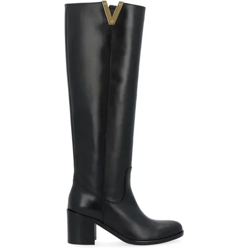 Leather High Heel Boot with Golden V , female, Sizes: 5 UK, 8 UK, 3 UK, 6 UK, 4 UK, 7 UK - Via Roma 15 - Modalova