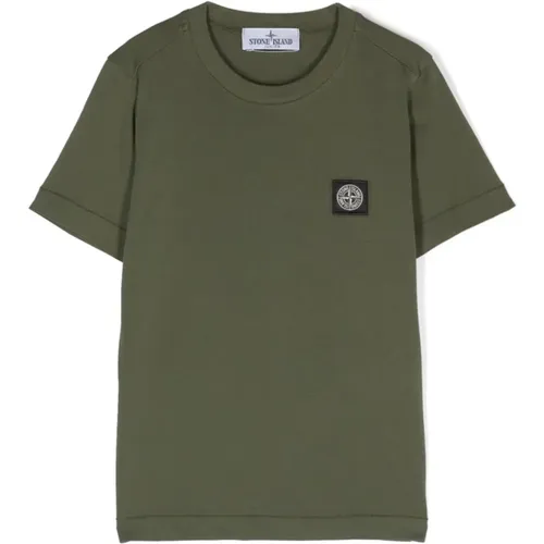 Kinder T-Shirt mit geripptem Ausschnitt und Kompass Logo - Stone Island - Modalova