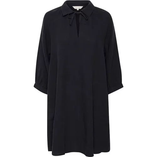 Dark Navy Linen Dress with ¾ Sleeves , female, Sizes: XL, M, XS, S, 3XL, L, 4XL, 2XL - Part Two - Modalova