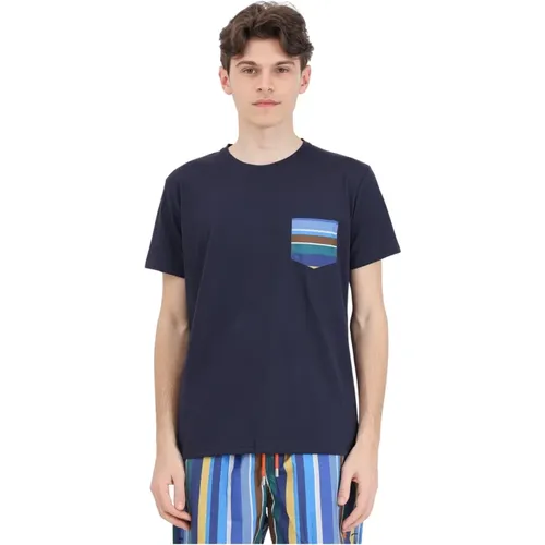 Blau kurzärmliges T-Shirt mit -Streifen,Italienisches Baumwoll-T-Shirt mit -Streifen - Gallo - Modalova