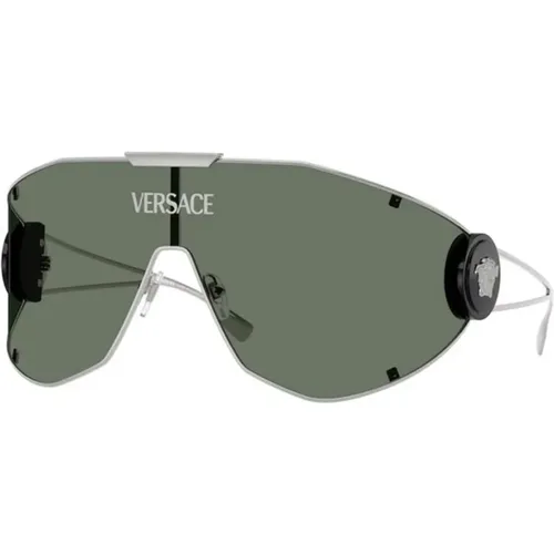 Green Dark Lenses Silver Frame Sunglasses , unisex, Sizes: 42 MM - Versace - Modalova