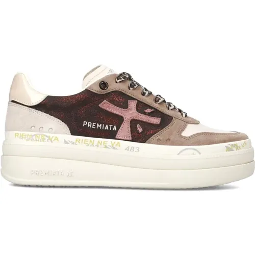 Beige Glitter Sneakers with Leather Heel , female, Sizes: 5 UK, 4 UK, 6 UK - Premiata - Modalova