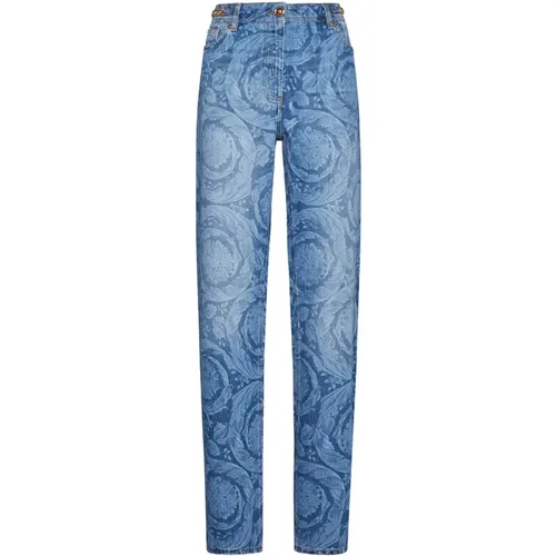 Blaue Denim Barocco Print Jeans,Barock Serie Denim Jeans,Barock Laserdruck Jeans mit Medusa-Details - Versace - Modalova