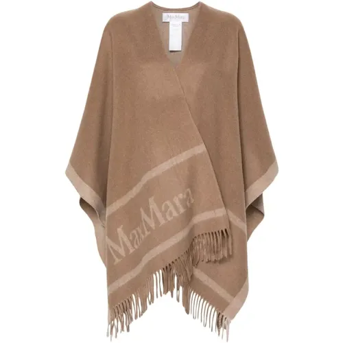 Wool Jacquard Logo Cape with Fringe , female, Sizes: ONE SIZE - Max Mara - Modalova