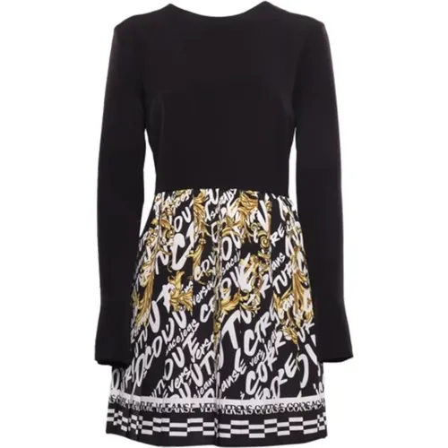 Elegant Long Sleeve Pleated Dress with Logo Brush Couture Print - Size 44 , female, Sizes: 2XS - Versace Jeans Couture - Modalova