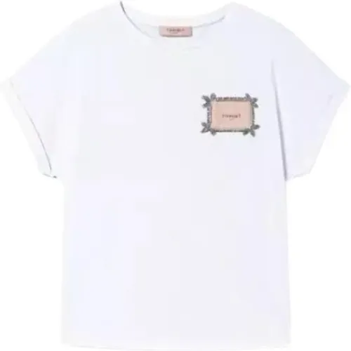 Baumwoll-T-Shirt mit Logo-Stickerei und Strass , Damen, Größe: XL - Twinset - Modalova
