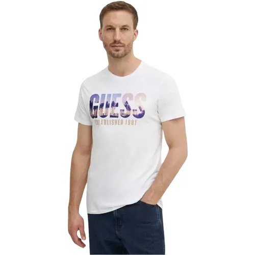 Besticktes Logo T-Shirt - Weiß Slim Fit , Herren, Größe: S - Guess - Modalova