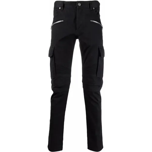 Schwarze Baumwollhose mit Knopfverschluss , Herren, Größe: W30 - Balmain - Modalova