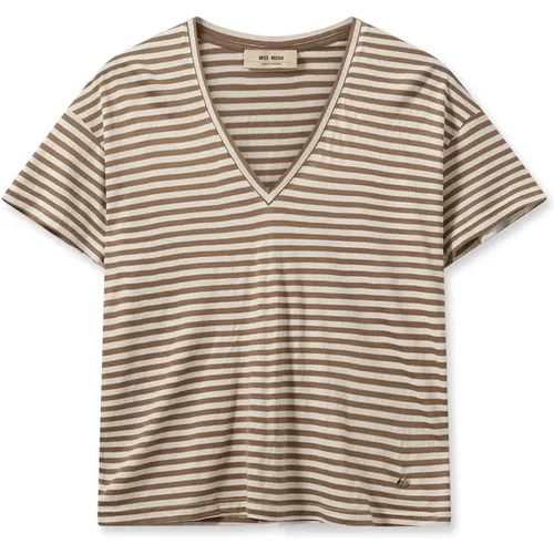 Striped V-Neck Tee with Short Sleeves , female, Sizes: L, M, S - MOS MOSH - Modalova
