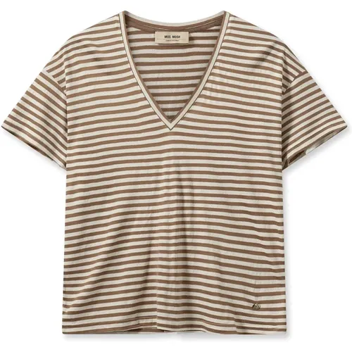 Striped V-Neck Tee with Short Sleeves , female, Sizes: S - MOS MOSH - Modalova