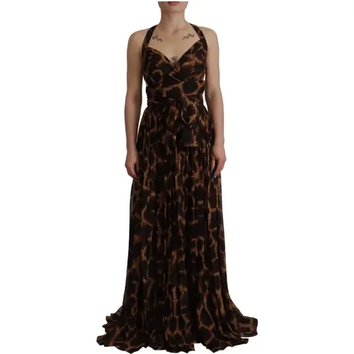 Brown Leopard Print Silk Gown Dress , female, Sizes: 3XS - Dolce & Gabbana - Modalova