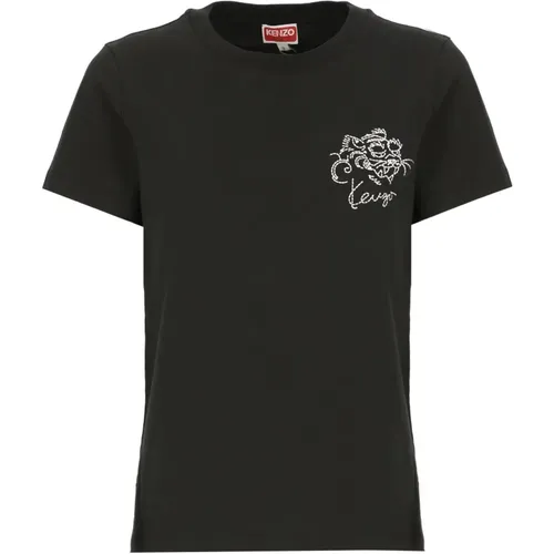 Schwarzes Baumwoll-T-Shirt mit Logo-Stickerei , Damen, Größe: M - Kenzo - Modalova