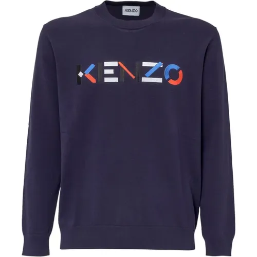 Blaue Baumwollstrickjacke mit Logodetail , Herren, Größe: M - Kenzo - Modalova