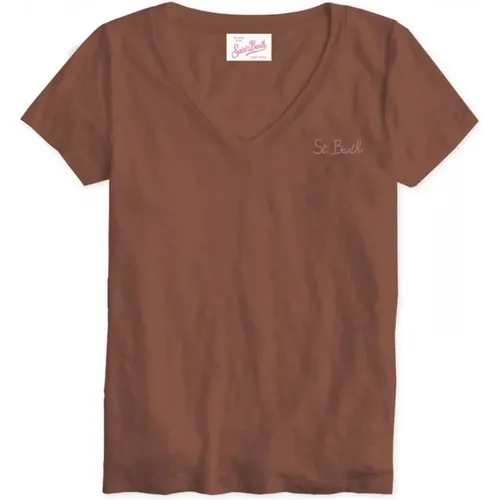 Braunes Leinen V-Ausschnitt T-Shirt Eloise - MC2 Saint Barth - Modalova