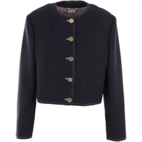 Navy Single-Breasted Jacket with Contrast Stitching , female, Sizes: S - Thom Browne - Modalova