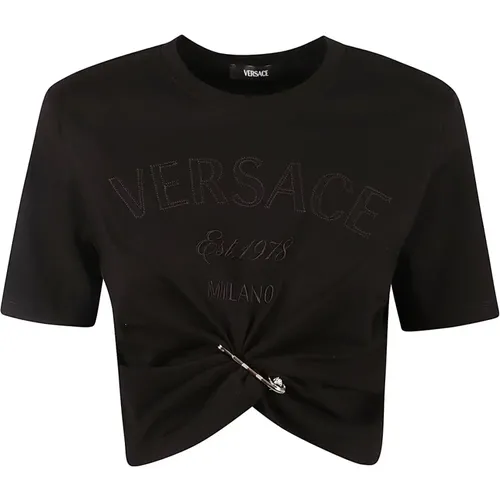 Schwarze T-Shirts und Polos mit Milano Logo , Damen, Größe: S - Versace - Modalova
