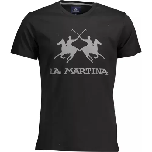 Schwarzes Baumwoll-T-Shirt mit Rundhalsausschnitt und Druck , Herren, Größe: 2XL - LA MARTINA - Modalova