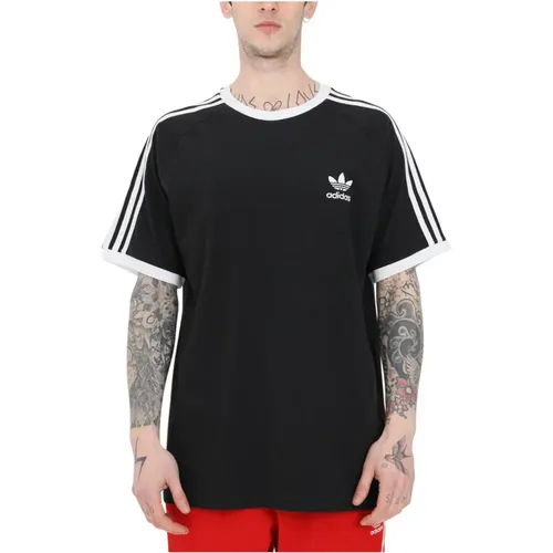 Schwarzes T-Shirt mit Logo-Stickerei und 3 Streifen - adidas Originals - Modalova