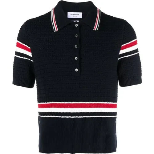 Navy Cotton Polo with Tricolor Detail , male, Sizes: XL - Thom Browne - Modalova