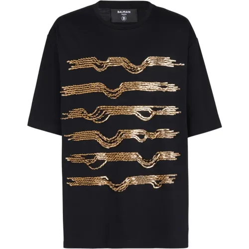 Oversize-T-Shirt aus Baumwolle mit aufgestickten Streifen im Destroyed-Look - Balmain - Modalova