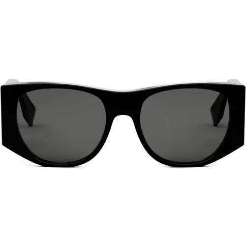 Baguette Sonnenbrille,Glamouröse ovale Sonnenbrille mit dunkelgrauen Gläsern und goldfarbenem Metalllogo,Ovale Schwarze Acetat Sonnenbrille - Fendi - Modalova