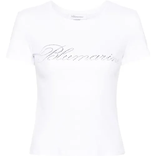 Weiße T-Shirt mit Rhinestone Logo , Damen, Größe: S - Blumarine - Modalova