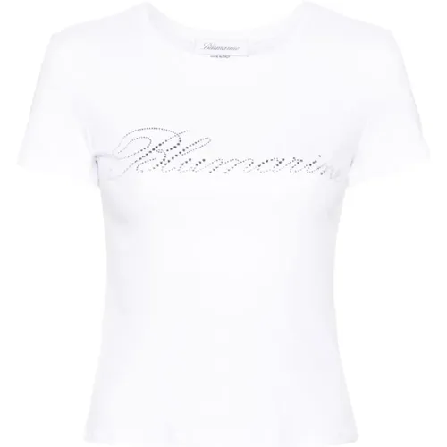 Weiße T-Shirt mit Rhinestone Logo - Blumarine - Modalova