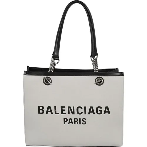 Einkaufstasche mit antiken Silberveredelungen,Canvas Tote Tasche mit Lederbesatz und Logo-Print - Balenciaga - Modalova