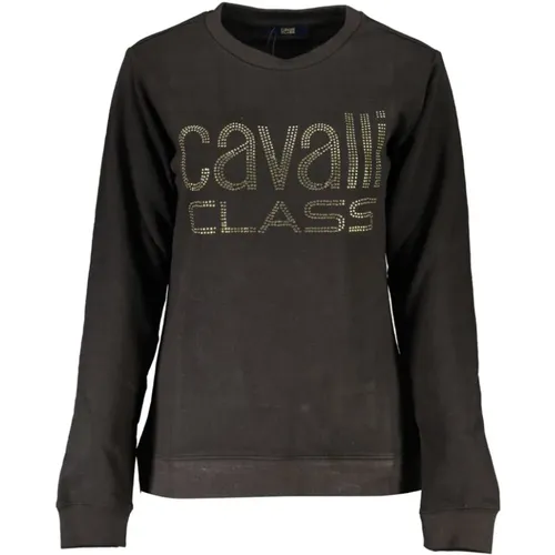 Schwarzer Baumwollpullover mit Strass-Logo - Cavalli Class - Modalova
