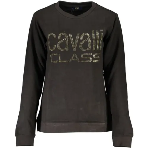 Schwarzer Baumwollpullover mit Strass-Logo , Damen, Größe: S - Cavalli Class - Modalova