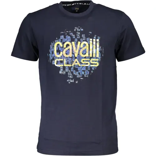 Blau T-Shirt mit kurzem Ärmel und Logo-Druck , Herren, Größe: L - Cavalli Class - Modalova