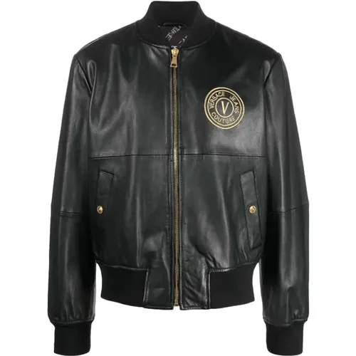 Schwarzer Mantel mit Besticktem Logo - Versace Jeans Couture - Modalova